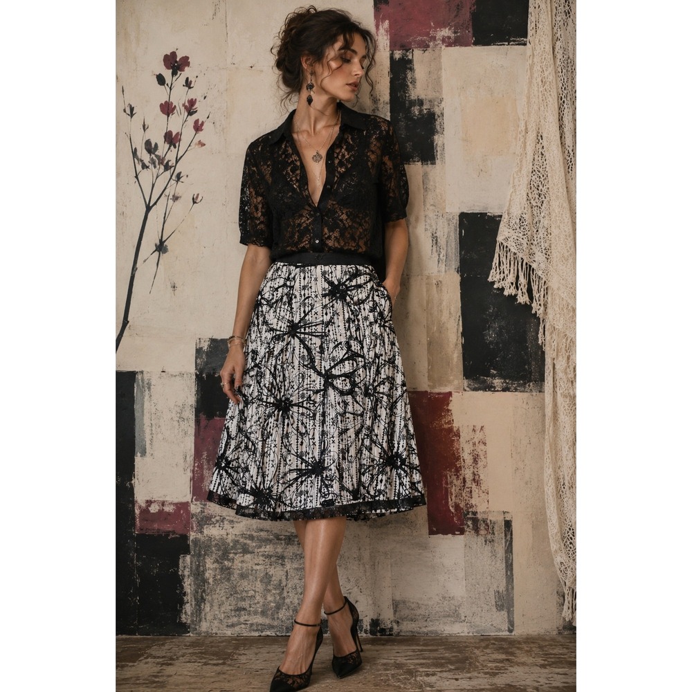 i.e. Embroidered Cotton Midi Skirt Black Cream Floral Lace Trim 16 Art Abstract